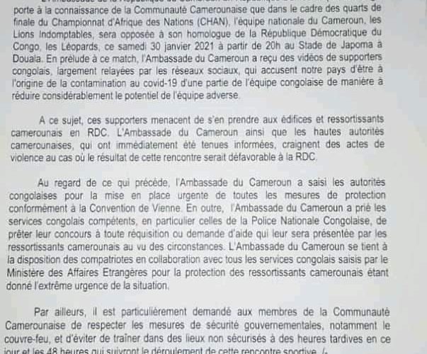 RDC/CHAN 2021: L’ambassade du Cameroun communique