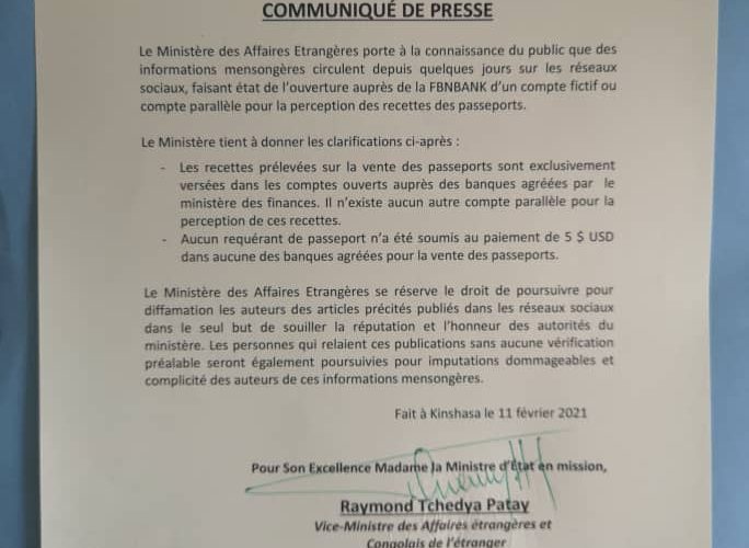 RDC/le ministère des affaires étrangères communique