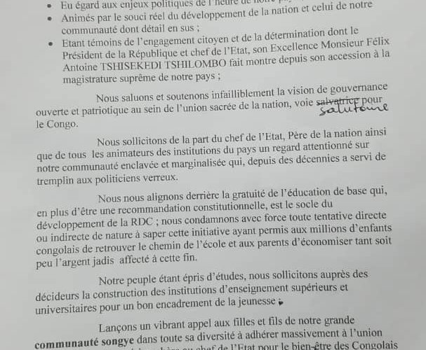 RDC/Lomami:Dans une déclaration signée par les habitants vivant à Kinshasa.La communauté Songye de Bena Kiofwe Kya Ndjibu Unis apporte son soutient à la vision du chef de l’Etat Félix Tshisekedi