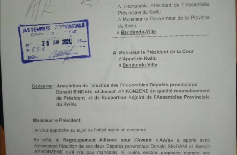 RDC/Kwilu/ assemblée provinciale : le regroupement AA/a sollicite l’annulation de l’élection de ses deux élus comme membres du bureau définitif