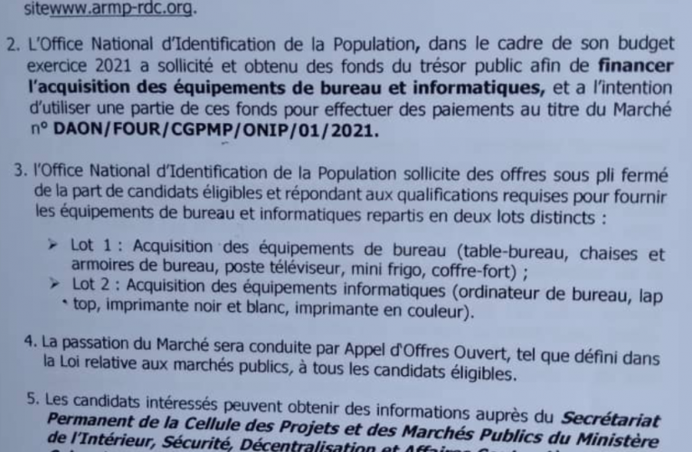 RDC/ONIP: AVIS d&rsquo;appel d&rsquo;offres-Sans pré-qualification (Document)