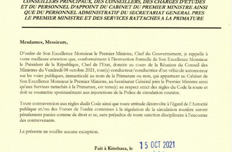 RDC/ Primature : le premier ministre instruit ses travailleurs au respect strict du code de la route