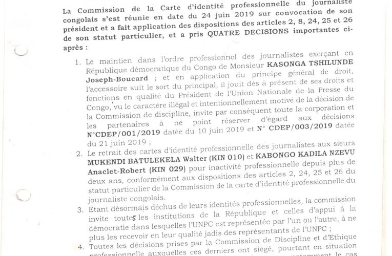 RDC/UNPC :Le communiqué de la commission de la carte d’identité professionnelle du journaliste congolais réhabilitant Kasonga Tshilunde et Jean Marie Kassamba