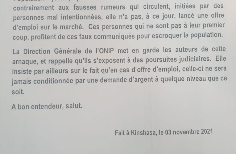 RDC/ infox sur le recrutement à l&rsquo;ONIP, les arnaqueurs traduits en justice