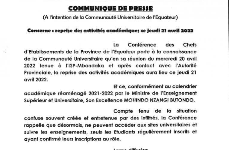 RDC/Équateur : Seuls les étudiants régulièrement inscrits auront accès aux cours dès ce jeudi 21 avril