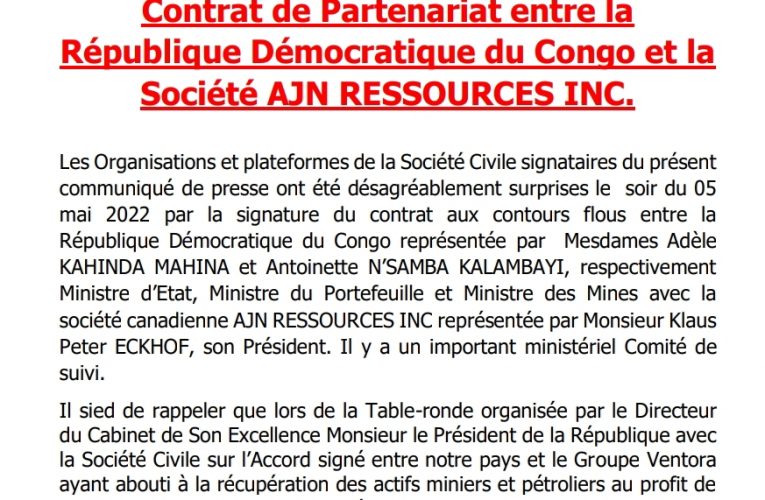 RDC/Mines: Plusieurs associations de la société civile recommandent la résiliation du contrat entre la RDC et AJN Ressources INC