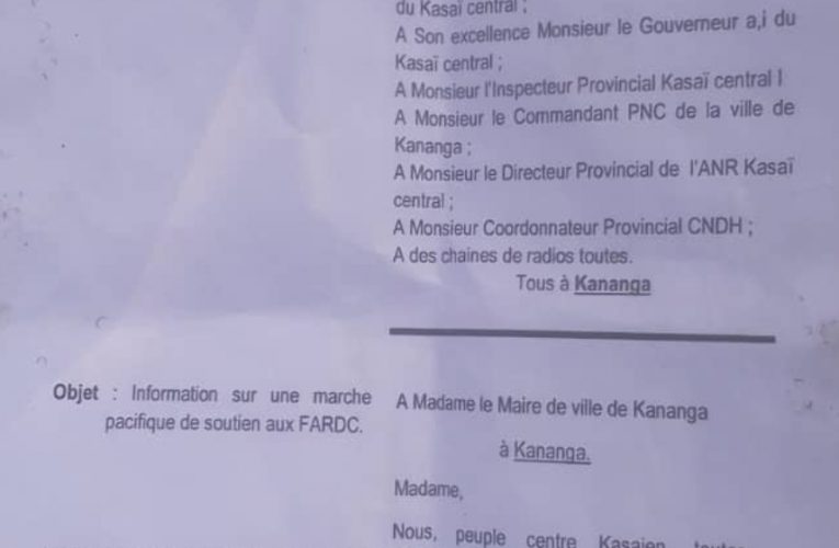 RDC/Kasaï-Central : Les mouvements citoyens projettent une marche de soutien aux FARDC le 04 juin 2022