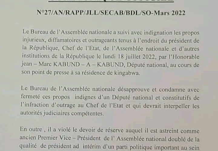 RDC/Politique : l’Assemblée Nationale ouvre une action disciplaire à charge de l’honorable Jean-Marc Kabund