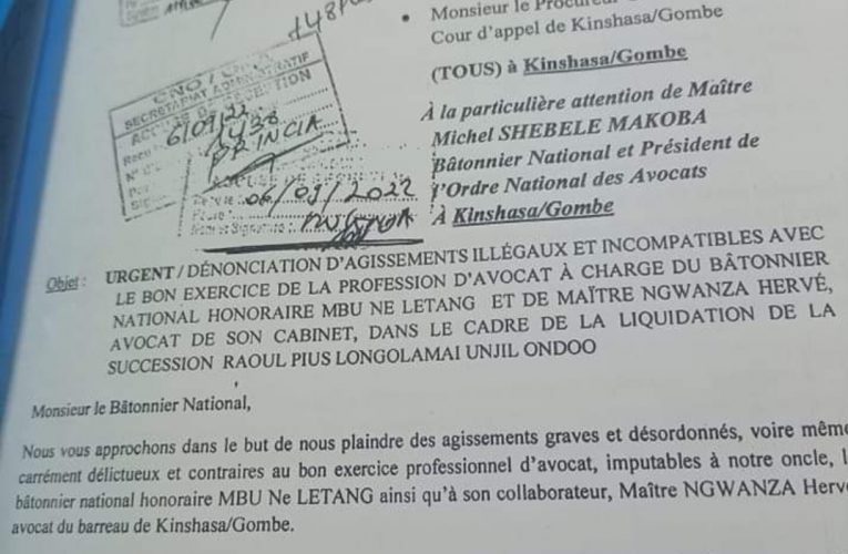 RDC/Justice : liquidation de la succession Raul Pius, le bâtonnier national honoraire Mbu Letang tombe dans l’illégalité