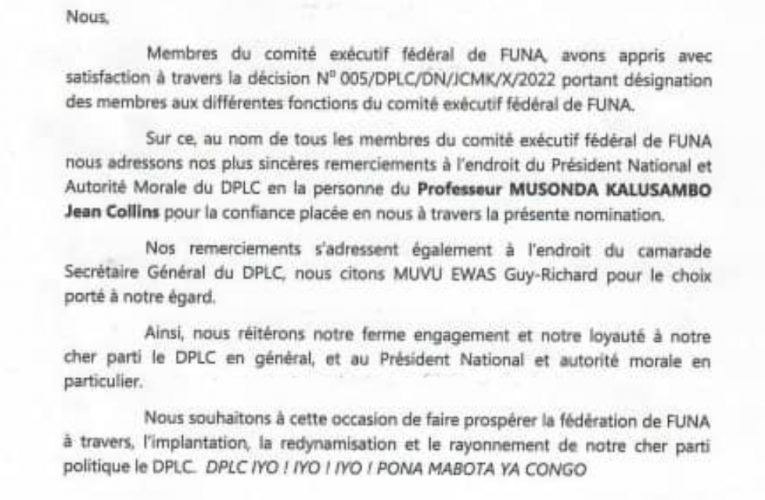 RDC/Politique : le nouveau comité exécutif de la Funa du parti DPLC remercie les autorités du parti