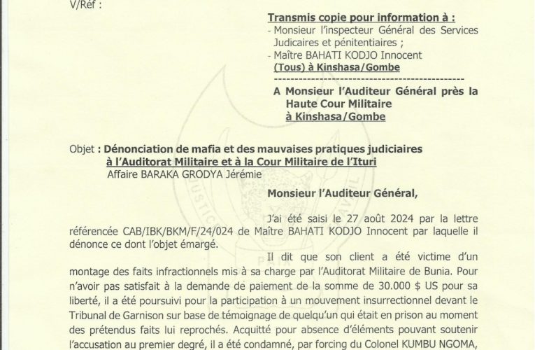 RDC/Justice : Mafia et mauvaises pratiques judiciaires à l’auditorat et cour militaire de l’Ituri, Constant Mutamba demande à l’Auditeur Général de statuer sur ce dossier